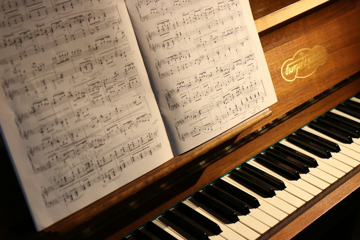 Open sheet music on a vintage piano stand.