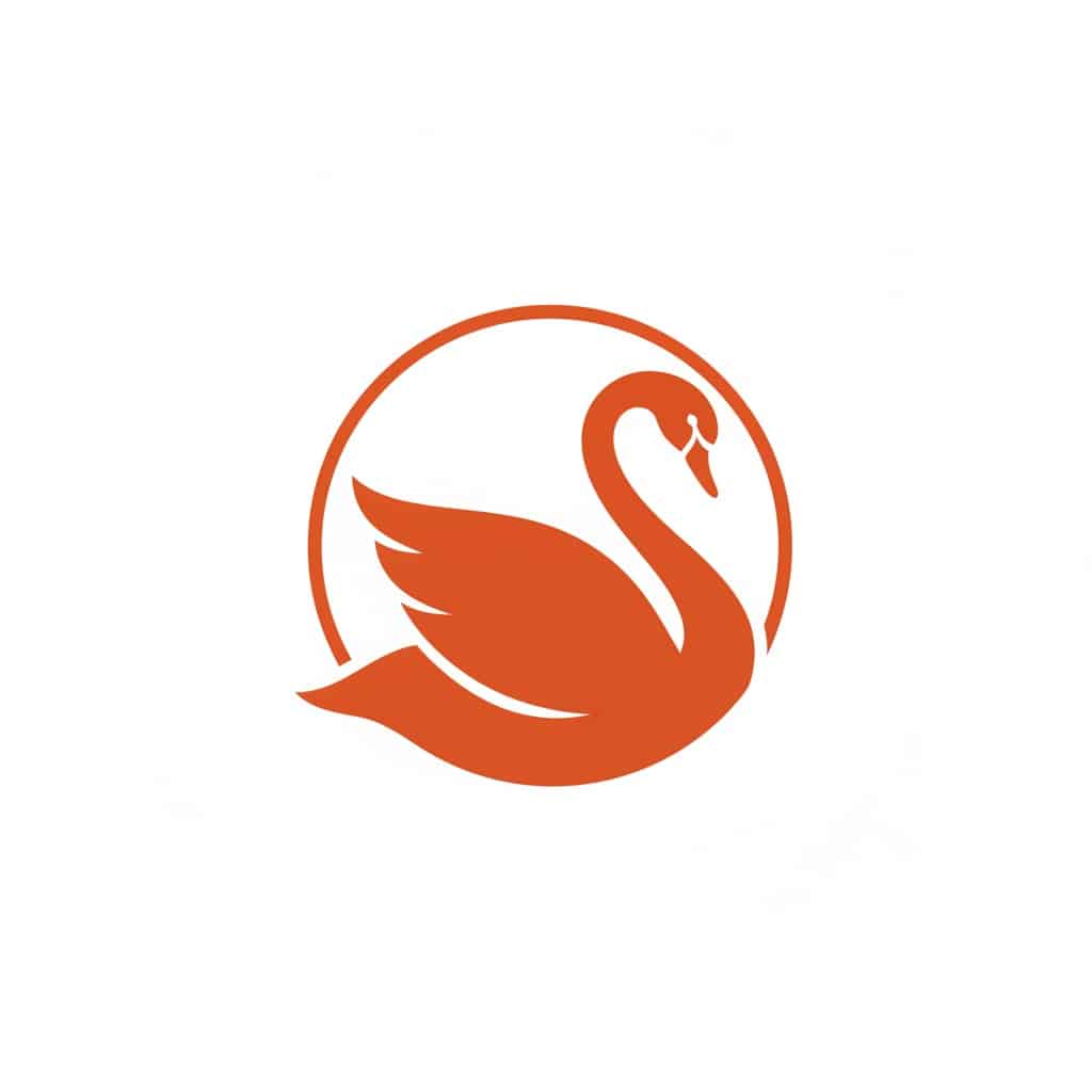 An orange logo depicting a stylized swan framed within a circle.